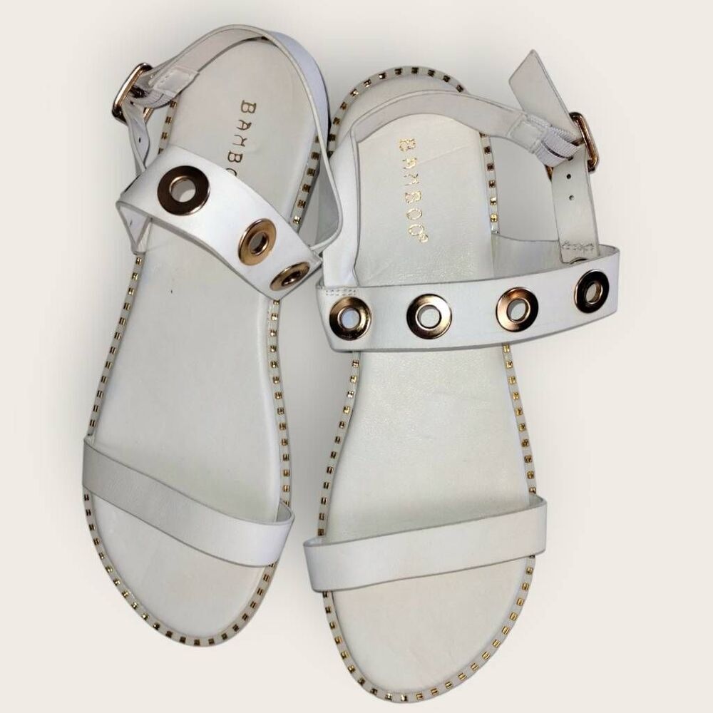 Bamboo Womens Sandals Sz 9 White Gold Accents One Strap Adjustable Casual Beachy
